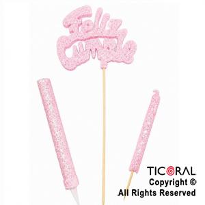 ADORNO DE TORTA SET FELIZ CUMPLE CON BENGALA Y VELA 9 CM GIBRE ROSA x 1